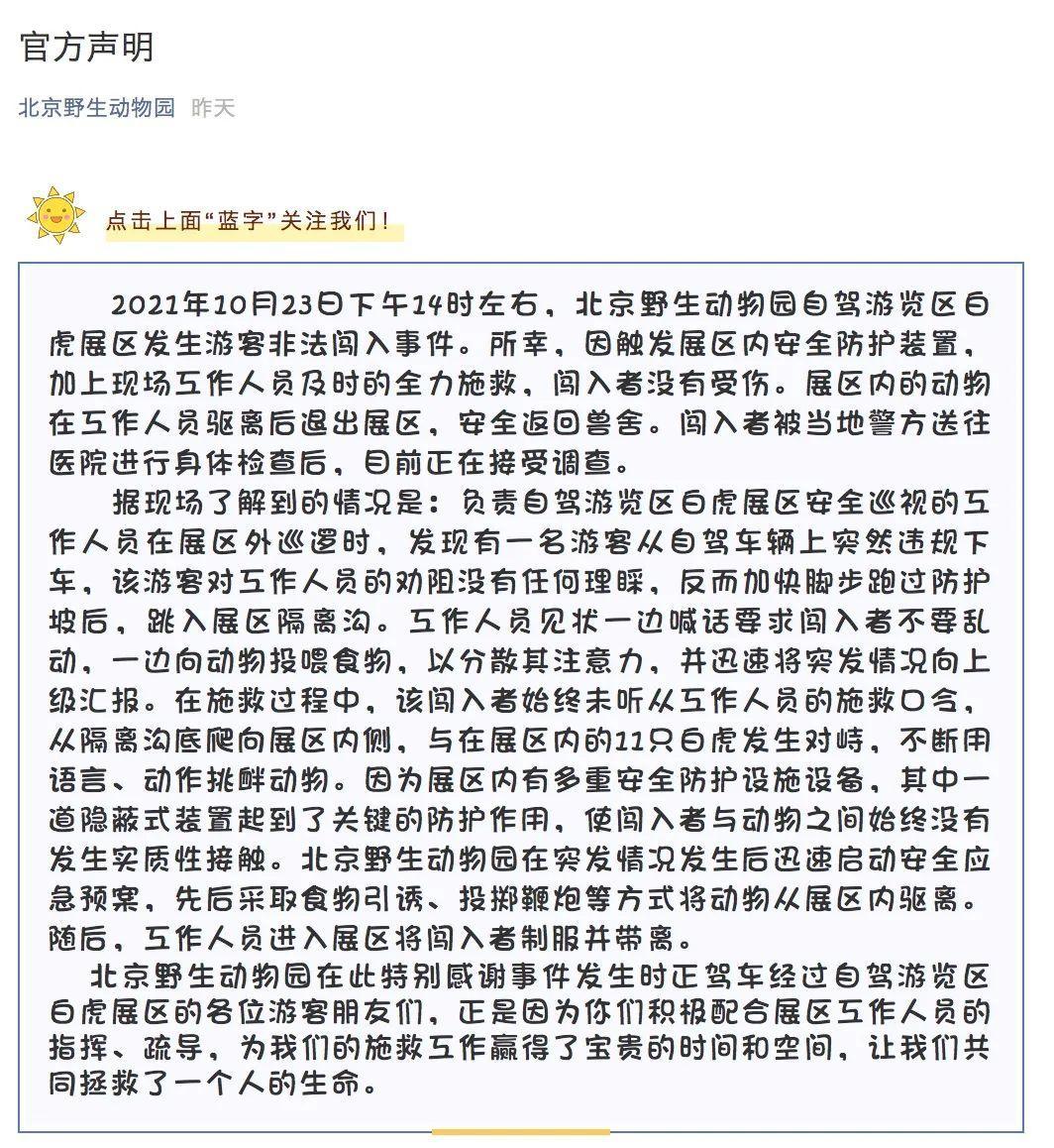 游客沖到7只白虎面前警方未受傷，園方正在調查