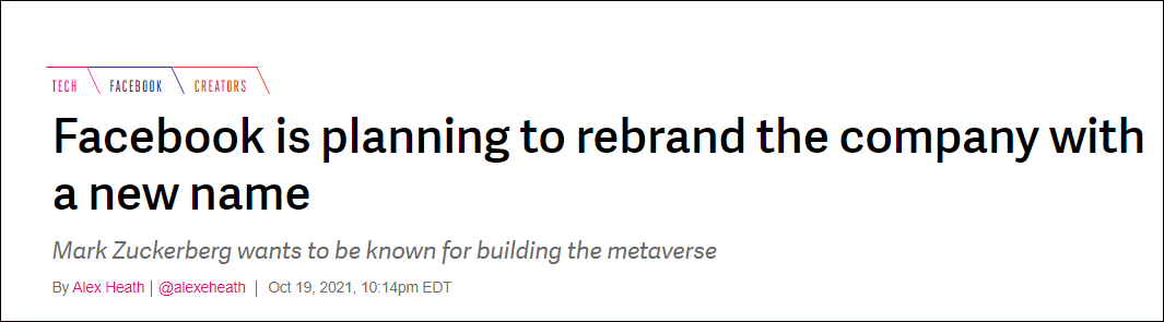 美媒臉書計劃下周更改公司名稱，扎克伯格正在計劃更改公司名稱借此重塑品牌